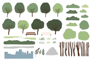 Fototapete Rund Collection of stylized landscape elements, including various tree shapes, bushes, clouds, hills, and a cityscape silhouette. Perfect for creating illustrations or digital scenes. © lyubovzaytseva