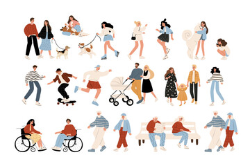 Vector illustration of diverse characters in everyday urban scenes. People walking dogs, skating, using wheelchairs, pushing strollers. Couples, families, individuals of various ages and ethnicities.