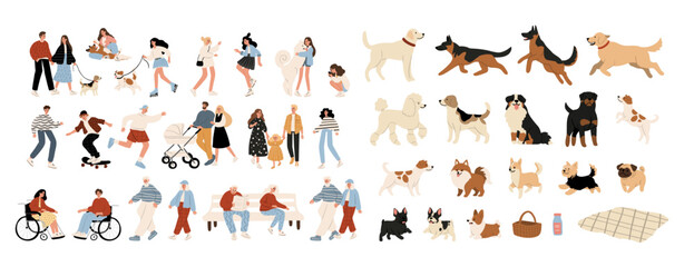 Flat artwork displays variety of beloved dog breeds amidst lush trees and greenery, highlighting the joy of companionship in a vibrant outdoor setting. The illustration captures family and diversity.