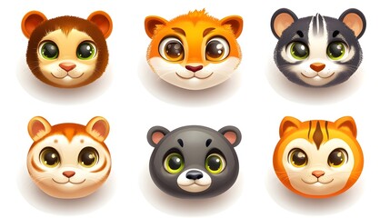 Fototapeta premium Cute cartoon animal avatars, white background, avatar set