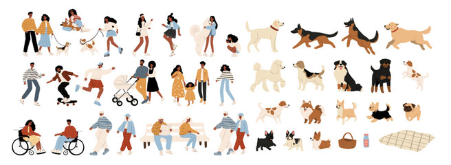 Flat artwork displays variety of beloved dog breeds amidst lush trees and greenery, highlighting the joy of companionship in a vibrant outdoor setting. The illustration captures family and diversity.