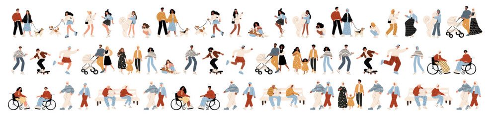 Vector illustration of diverse characters in everyday urban scenes. People walking dogs, skating, using wheelchairs, pushing strollers. Couples, families, individuals of various ages and ethnicities.