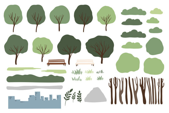 Collection of stylized landscape elements, including various tree shapes, bushes, clouds, hills, and a cityscape silhouette. Perfect for creating illustrations or digital scenes.