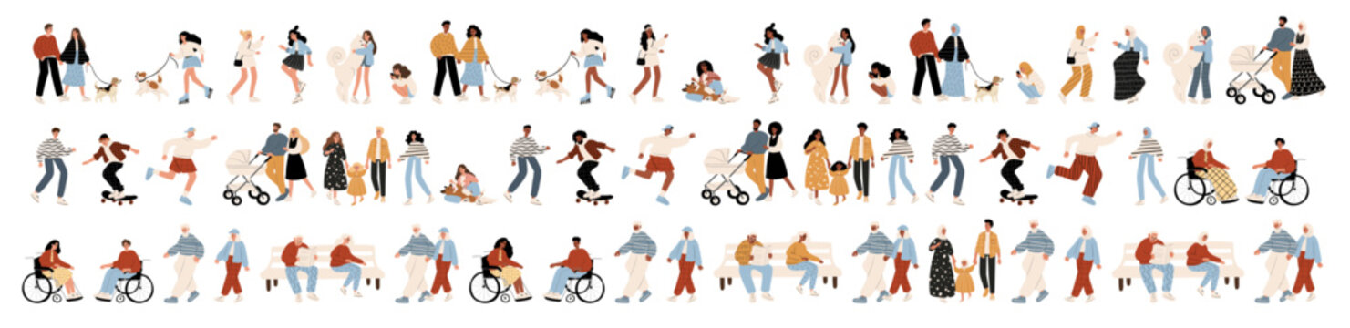 Vector illustration of diverse characters in everyday urban scenes. People walking dogs, skating, using wheelchairs, pushing strollers. Couples, families, individuals of various ages and ethnicities.