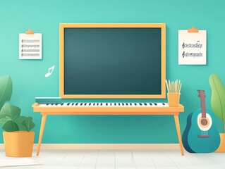 A vibrant music studio featuring a keyboard, guitar, and colorful decor, perfect for creative inspiration and musical exploration.