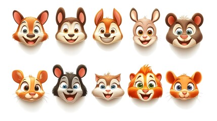 Cute cartoon animal avatars, white background, avatar set