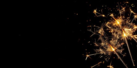 Fototapeta premium Golden fireworks on a black background. Christmas New Year banner with space for text.