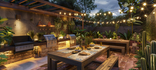 Naklejka premium BBQ zone. BBQ area with kitchen. Recreation area in the backyard. 