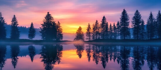 Obraz premium A serene sunrise over a tranquil lake with silhouettes of pine trees reflected in the water.