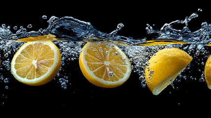 Floating Lemon Slices in Clear Water on Black Background