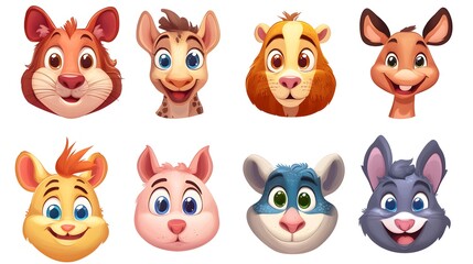 Obraz premium Cute cartoon animal avatars, white background, avatar set