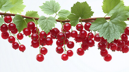 Red Currant Bunch with Green Leaves on White Background