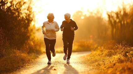 Elderly couple jogging at sunset, healthy lifestyle, active seniors outdoors