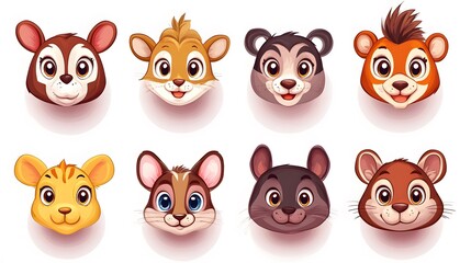 Fototapeta premium Cute cartoon animal avatars, white background, avatar set