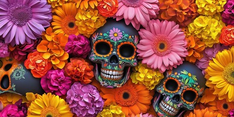 Crânes mexicains avec des fleurs colorées pour le jour des morts, illustration 3D, art numérique, arrière-plan.