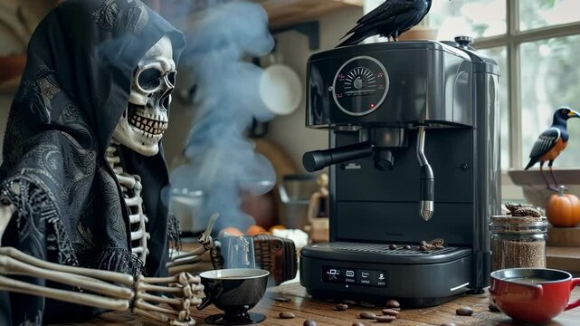 A skeleton enjoys a coffee break at a cozy kitchen in the early morning light, with a crow perched nearby