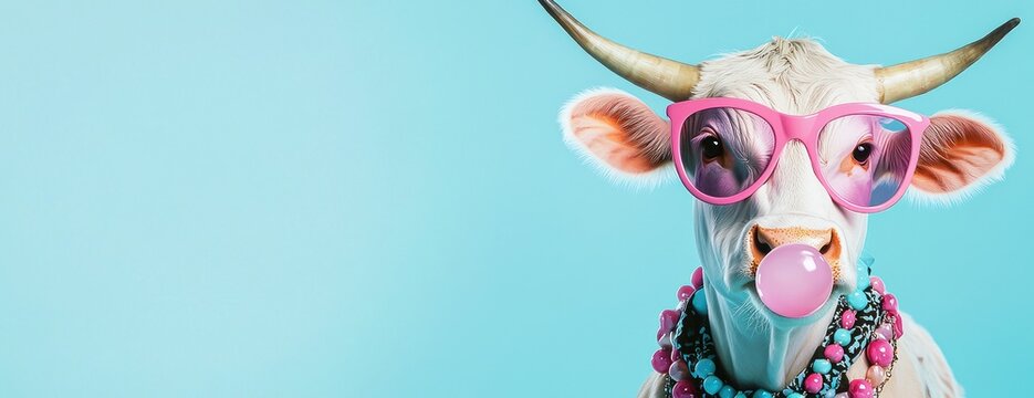 Une vache dr&ocirc;le et amusante portant des lunettes, soufflant dans un chewing-gum, sur un fond color&eacute;. Concept d'image de profil des m&eacute;dias sociaux ou les supports publicitaires.