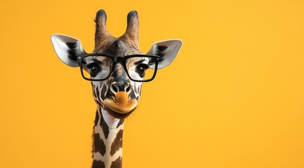 Obraz premium Une adorable girafe portant des lunettes sur un fond isolé orange, concept de personnage amusant, image avec espace pour texte.