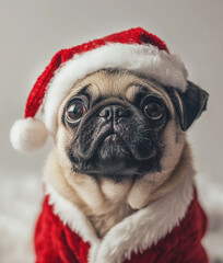 Cute pug wearing Christmas hat and sweater