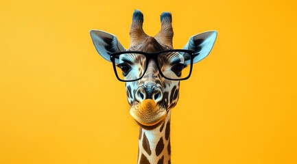 Une adorable girafe portant des lunettes sur un fond isolé jaune, concept de personnage amusant, image avec espace pour texte.