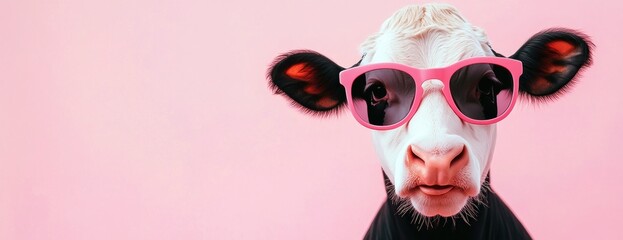 Une vache dr&ocirc;le et amusante portant des lunettes de soleil sur un fond de couleur rose, image avec espace pour texte.