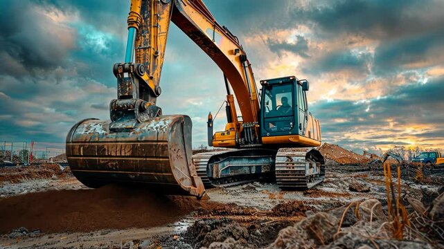 Excavation work in progress at construction site amid dramatic evening skies