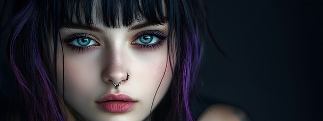 A girl with black and purple hair, blue eyes, a nose ring, pale skin, and dark, emo style