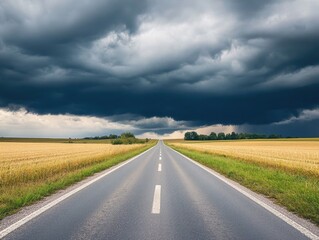 Fototapeta premium Dramatic stormy sky, open road scenery, countryside horizon, travel inspiration, storm clouds gathering, rural landscape