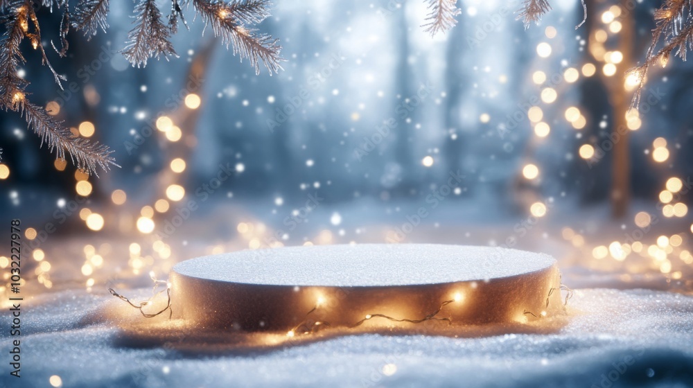 Poster a circular pedestal is covered in fresh snow amidst a tranquil winter landscape. soft glowing lights