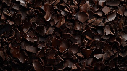Fototapeta premium A background completely filled with dark chocolate shavings, packed tightly to create a rich, textured surface with a luxurious and indulgent feel.