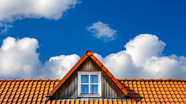 House roof with red tiles and dormer window against a blue sky with clouds. Architectural detail and scenic sky concept.