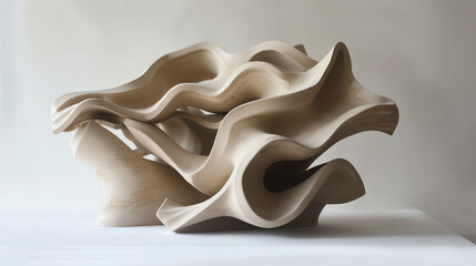 Produce a traditional clay sculpture depicting a blend of abstract shapes and futuristic technologies, presented from an unconventional tilted perspective to evoke a sense of dynamic movement and inno