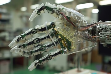 Transparent robot hand showing complex mechanics and wiring is ready for assembly in a high tech r and d facility