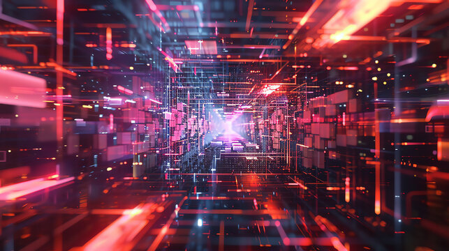 Render a complex composition of Quantum Computing intertwining with Maslows Hierarchy of Needs, utilizing a mix of pixel art and vector techniques Experiment with unconventional wide-angle shots to cr