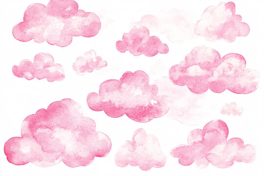 Delicate pink watercolor clouds scattered over a white background, creating a whimsical and gentle visual effect
