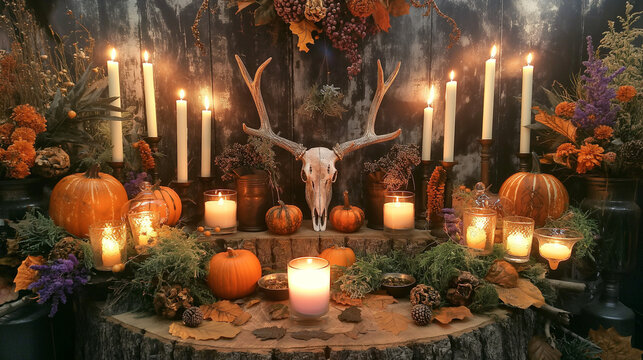 Outdoor Samhain altar with candles, pumpkins, and a deer skull.