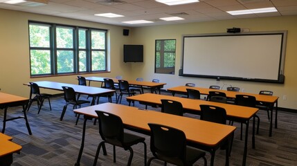 Modern classroom setup with empty desks and bright windows