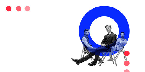 contemporary art collage. Businessman in suit, framed by bold blue and red circles. Minimalistic design for portfolio, lending pages. Concept of business branding visuals.