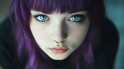 Fototapeta premium A girl with black and purple hair, blue eyes, a nose ring, pale skin, and dark, emo style