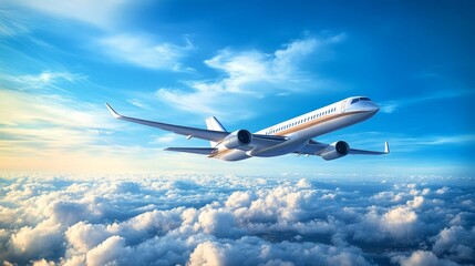 Obraz premium Modern Passenger Airplane Flying Above Dramatic Clouds at Sunset. Travel and Aviation Concept.