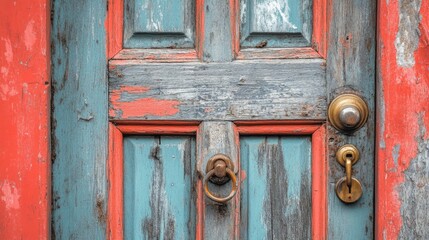 Naklejka premium Vintage Wooden Door with Colorful Peeling Paint