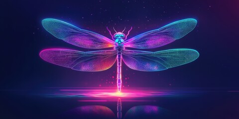 Fototapeta premium Neon dragonfly with wings glowing on dark background.