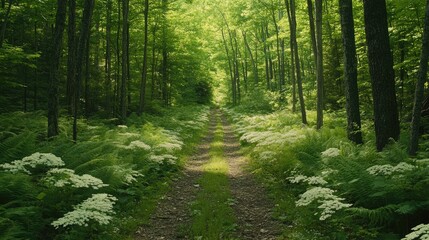 Obraz premium Serene Forest Pathway Surrounded by Lush Greenery