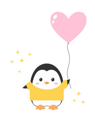 Character cartoon cute penguin yellow tshirt heart balloon give gift happy smile congratulation holiday celebration vector illustration.