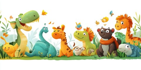 Naklejka premium Cartoon animals in a jungle setting.