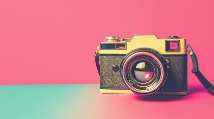 Vintage camera on pink and blue background.