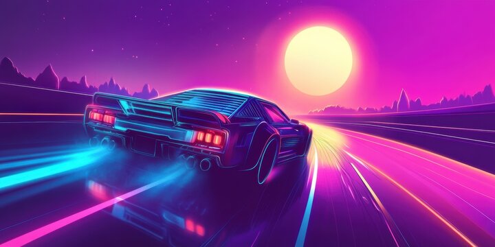 Retro neon car driving fast under sun.