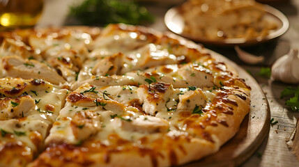 Chicken Alfredo pizza with a thin, crispy crust and a drizzle of olive oil