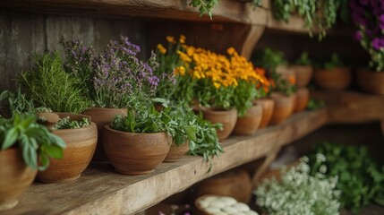 Herb garden in rustic wooden bowls lining a shelved wall with fresh aromatic greenery showcasing natural beauty and simplicity - water wellness