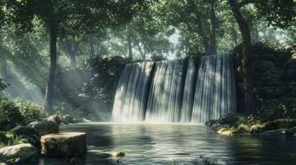 Fototapeta premium A serene waterfall in a lush forest.